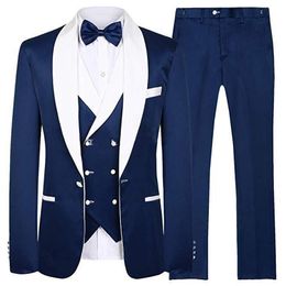 Fashion Navy Blue Groom Tuxedos White Shawl Lapel Groomsman Wedding Tuxedos Men Prom Jacket Blazer 3 Piece Suit(Jacket+Pants+Tie+Vest) 31