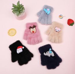 Children's gloves autumn and winter warm with velvet thick bag finger flip half finger knitting baby cute cartoon