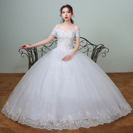 New Arrival Spring White Lace Sleeve Wedding Dress 2020 Korean Style Appliques vestidos de noiva Sexy Boat Neck Bridal Dress