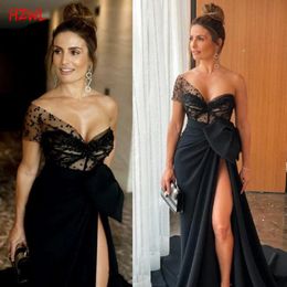 Sexy Black One Shoulder Prom Dresses 2021 Ruched Bow High Split Formal Evening Gowns Women Special Occasion Party Dress