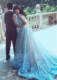 New Light Blue Muslim Evening Dresses A-line Long Sleeves Tulle Flowers Lace Formal Dubai Saudi Arabic Long Evening Gown Prom