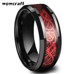 8mm Men Women Tungsten Carbide Wedding Band Rings Red Dragon Inlay Beveled Edges Polish Finish Comfort Fit Personal Customize