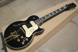 Factory Custom hollow Black Electric Guitar with Gold Hardwares,White Binding,Tremolo System,Can be Customized