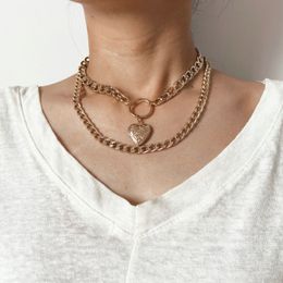 Women Hip Hop Long Necklace Jewellery Gold Double Layer Heart Chains Necklace Pendant Statement Necklaces Women