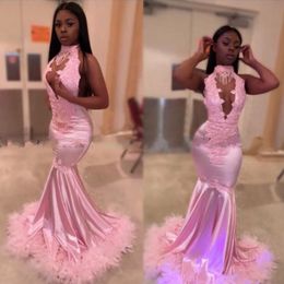African Pink Feathers Backless Party Dress mermaid high neck Lace Appliques Mermaid Prom Dress Black Girls Evening Gowns vestidos abendkle