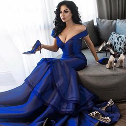 New Customize Special Occasion Dresses V-Neckline Off-the-Shoulder Sweep Train Royal Blue Prom Dress Mermaid Evening Dresses Long