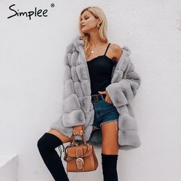 Simplee Vintage fluffy hoodie faux fur coat women Winter grey jacket coat female Plus size warm long casual outerwear overcoat Y200926