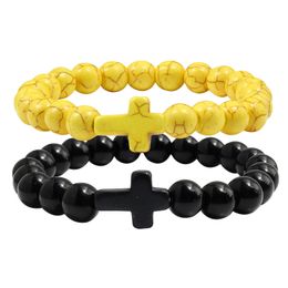 Trendy Mens Black Bracelet Natural Stone Yellow Turquoises Beaded Handchain Jesus Cross Bangles Women Jewelery Lover Accessories