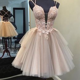 Nice Bodice Cutting Spaghetti Straps Homecoming Dresses Pink Arching Waist vestidos de graduacion Short Cute Tulle Evening Dress