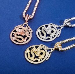 Gold Silver Colour Iced Out Bling CZ Dragon Pendant Necklace with 24inch Rope Chain For Men Women