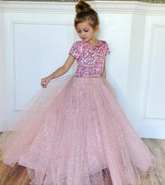 Glitter Girl Pageant Dress 2020 Little Ballgown Sequins Girl Formal Gown for Birthday Party Short Sleeves Keyhole Back Blush-Pink Ice-Blue