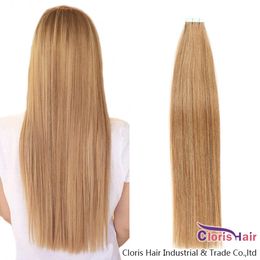 Straight PU Skin Weft Adhesive Remy Hair #12 Light Golden Brown Tape In Natural Human Hair Extensions 20pcs Seamless Double Sided Tape