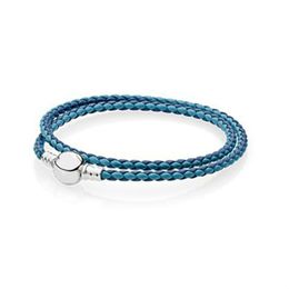 NEW Fashion 925 Sterling Silver Multicolor Mixed Powder Blue Women Double-Leather Bracelet Fit Charm DIY Original Round Bead eleven gifts