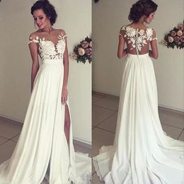 Beach Wedding Dresses A Line For Women Cap Sleeve Chiffon Lace Slit Side Dubai Arabic Boho Wedding Gown Bridal Dresses Vestido De Noiva