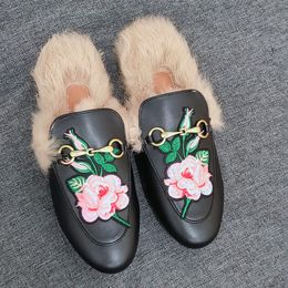 Designer's new fashion rabbit hair flat bottom half lug women's shoes autumn and winter thick furry slippers warm embroidered shoes b93