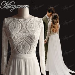 Mryarce Unique Lace Long Sleeves Open Back Hippie Style Dress Chiffon Detachable Train Boho Chic Rustic