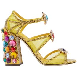 Glitter Mulheres Sandálias de Salto Chunky Sanal Senhora Open Tee Sandálias Amarelas Rhinestone Alto Salto Diamante Sapatos