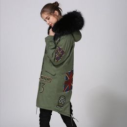 Plus Size women rabbit fur coats black raccoon fur Meifeng brand black rabbit fur lining long women UK flag Beaded embroidery parkas