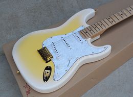 Factory Custom Light Yellow Electric Guitar with Maple Fretboard,White Pearl Pickguard,Gold Hardware,22 Frets,Can be Customized