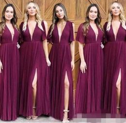 Bury Bridesmaid Dresses Short Sleeves Deep V Pleats Ruched Floor Length Side Slit Maid Of Honour Gown Country Wedding Party Wear 403 403