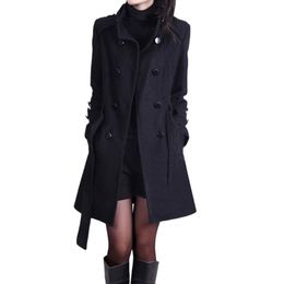 Mulheres de lã casaco casual trincheira solta inverno quente manga longa botão casaco com cinto Outerwear Cashmere sólido # 20