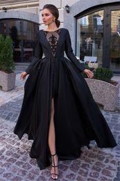 New Black A Line Simple Women Prom Dresses Lace Satin Formal Evening Party Gowns Front Split Long Sleeve vestido de noche