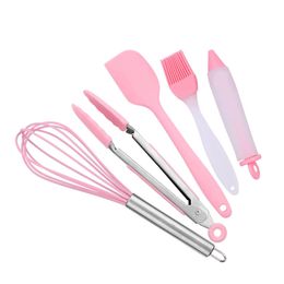 5pcs/set Silicone Kitchen Tool Silicone Spatula Scraper Oil Brush Food Tongs Egg Beater Whisk Cake Decoration Pen Pink Baking Set BH4104TYJ