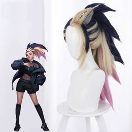 Game LOL KDA THEBADDEST Akali Cosplay Wig with Ponytail Straight Heat Resistant Synthetic Cosplay Wig + Hair Cap