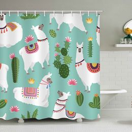 Lovely Cartoon Alpaca Cactus Shower Curtain Green Colour Waterproof Bath Curtains Bathroom For Bathtub Bathing Wide 12pcs Hooks Y200108