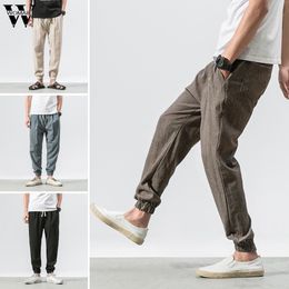 Mens Pants Vintage Casual Linen Pant Solid Outdoor Baggy Harem Pants Jogger Male Elastic Waist loose Sports