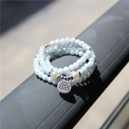 108 Pieces Mala Bracelet Natural Aquamarines Quartz Bracelets Blue Round Stone Beads Bangles Alloy Lotus Charm Woman Necklace