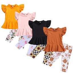 Summer Kids Clothing Sets Girls Fly Sleeve Solid T-Shirts + Floral Print Pants 2Pcs/Sets Boutique Infants Outfits M2651
