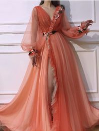 New Customize Orange A Line Elegant V Neck Evening Dresses Long Split Front 3D Flowers Party Dress Robe De Soiree