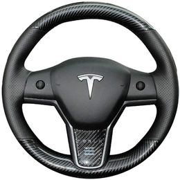Black Perforated Leather & Carbon Fiber Auto Steering Wheel Cover Hand-Stitch on Wrap Fit for Tesla Model 3