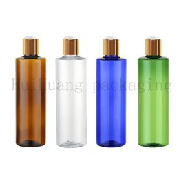 30pcs 250ml brown round empty PET travel bottle with gold Aluminium disc top cap press,family oil DIY spa bottles container