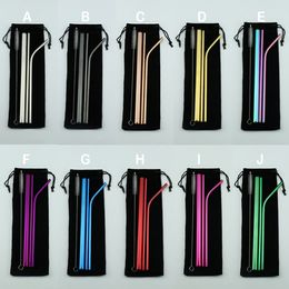 Wholesale BPA Free Reusable Straw Set Portable Striaght Bent Clean Brush Colorful 4+1 Stainless Steel Straw Set Include Bag