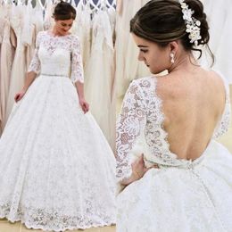 Lace Dresses Full 2021 3/4 Long Sleeves Crytal Beaded Waist Custom Made Plus Size Open Back Wedding Bridal Gown Vestido De Novia