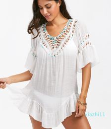 Hot Sale Sexy Crochet Beach Cover Up Open Back Summer Beach Dress Cotton Ruffle Ball Swimwear Cover Up Solid Robe De Plage