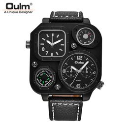 Oulm New Fashion Men's Watches Decorative Compass and Thermometer Quartz Watch Two Time Zone Casual PU Wristwatch194v