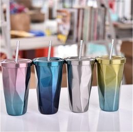 480Ml Gradients Colour Cup Stainless Steel Lid Straw Mug Prismatic Shape Coffee Water Drinks Tumbler Fashion Office Home 19mp G2