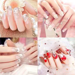 24PCS lungo falso decorazione Nail Nails Wedding lucido Strass Glitter Fiore Premere On punte false Nails