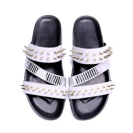 White rivet sandals slippers fashion Genuine leather open-toed Roman cool-soled thick-soled men's sandals men Buckle sandals