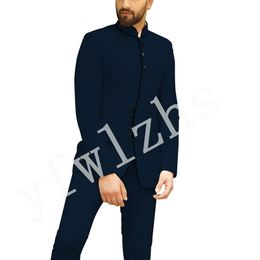 Popular Handsome Groomsmen Mandarin Lapel Groom Tuxedos Men Suits Wedding/Prom Best Man Blazer ( Jacket+Pantst) Y127