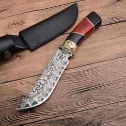 High Quality Bowie Blade Survival Straight Hunting Knife 440C Steel Blade Wood Handle Fixed Blades Knives With Leather Sheath