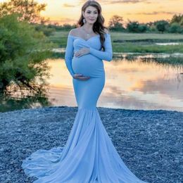 Women Off Shoulder Maternity Slim Cross-Front V Neck Long Sleeve Gown for Photo Shoot Elegant Pregnancy Dress Photography