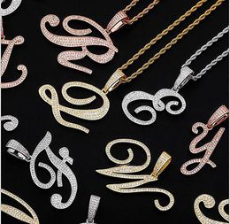 14K Iced New Big Size Cursive Writing Letters Pendant Necklace A-Z Letters Soild Zirconia Pendant Necklace with 3mm 24inch Rope Necklaces