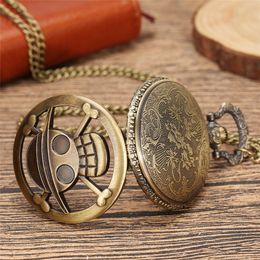 Vintage Hollow Out One Piece Design Pocket Watch Anime Cosplay Bronze Quartz Watches Necklace Chain for Men Women Gift214O