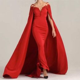Plus Size New Fashion Cheap Simple Red Evening Dresses with Cape Dubai Arabic Sheer Neck Formal Dress Evening Wear Vestidos robes de soirée