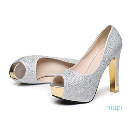 Heißer Stil - Silberne Hochzeitsschuhe, Golddiamant-Strassstein-sexy High Heels, Prinzessin-Abschlussball-Schuhe, Größe 34 bis 39 YL