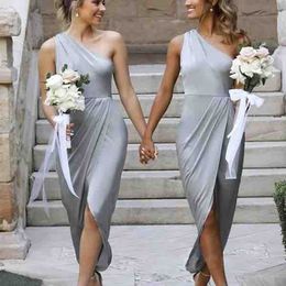 New Cheap Short Silver Bridesmaid Dresses One Shoulder Sleeveless Front Split High Low Length A Line Wedding Guest Gowns Maid Of Honor Dress